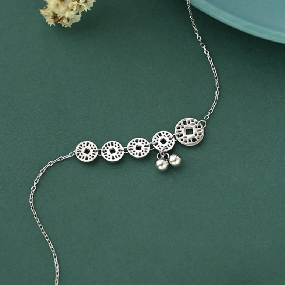 "925 Silver Plated Round Coin Dangle Tassel Anklet, - Picture 2 of 7